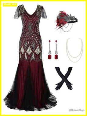 Plus Size 1920s Vintage Sequin Fringed Flapper Cocktail Dress with Accessories